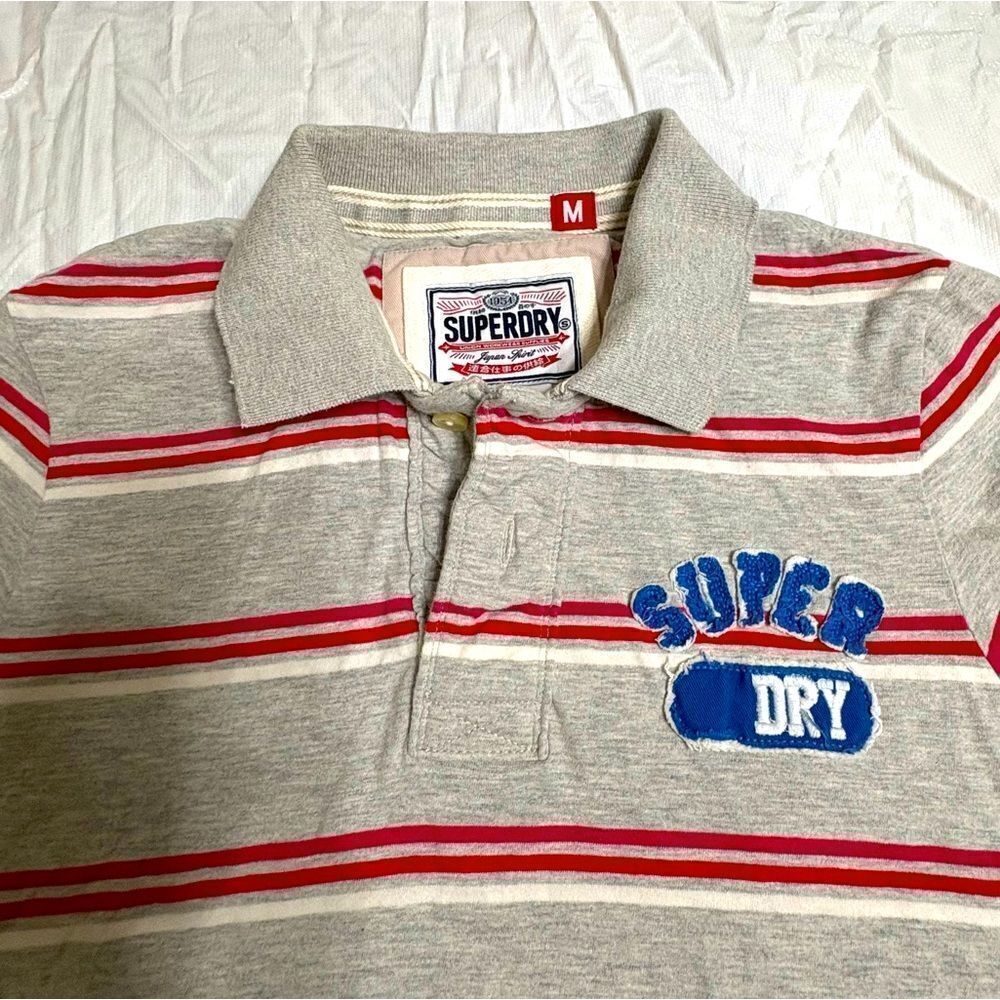 Superdry Men’s Polo Shirt with Red and Gray Stripes Size Medium